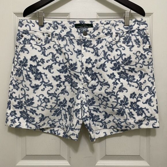 NEW LRL Lauren Jeans Co Ralph‎ White Denim Shorts Blue Floral Vine Sz 14 Vintage - Picture 1 of 9